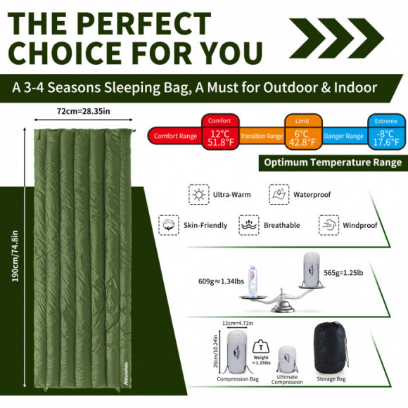 Спальный мешок NATUREHIKE Cicada Wing CW295 Green (утиный пух)