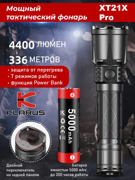 Фонарь KLARUS XT21X Pro, 4400Lm, акк.5000mAh, черный