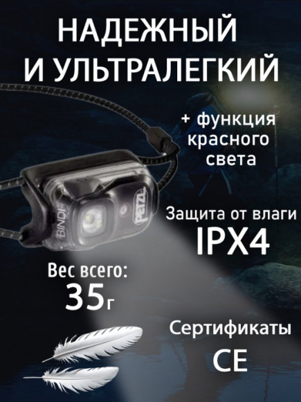 Компактный легкий налобный фонарь для бега PETZL Bindi Black (200 люмен)